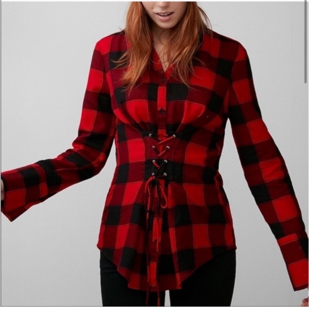 Express Corset Tie Front Red Black Plaid Blouse Top Casual Holiday Small